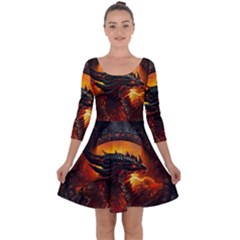 Dragon Fire Fantasy Art Quarter Sleeve Skater Dress