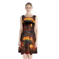 Dragon Fire Fantasy Art Sleeveless Waist Tie Chiffon Dress