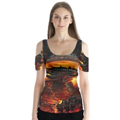 Dragon Fire Fantasy Art Butterfly Sleeve Cutout T-shirt 