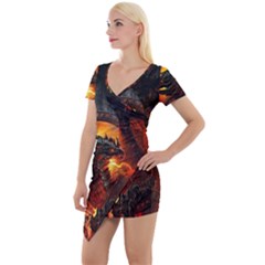 Dragon Fire Fantasy Art Short Sleeve Asymmetric Mini Dress