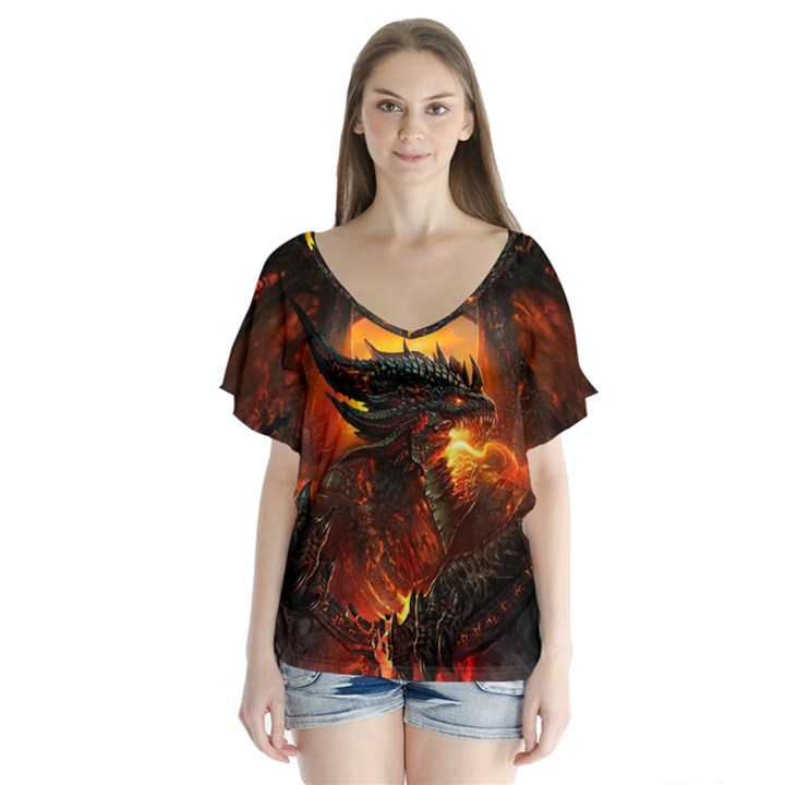 Dragon Fire Fantasy Art V-Neck Flutter Sleeve Top