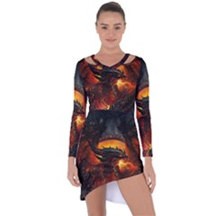 Dragon Fire Fantasy Art Asymmetric Cut-out Shift Dress