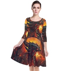 Dragon Fire Fantasy Art Quarter Sleeve Waist Band Dress