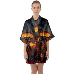 Dragon Fire Fantasy Art Half Sleeve Satin Kimono 