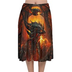 Dragon Fire Fantasy Art Velvet Flared Midi Skirt