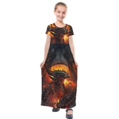 Dragon Fire Fantasy Art Kids  Short Sleeve Maxi Dress