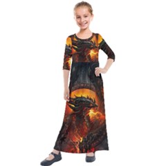 Dragon Fire Fantasy Art Kids  Quarter Sleeve Maxi Dress by Maspions