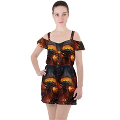 Dragon Fire Fantasy Art Ruffle Cut Out Chiffon Playsuit by Maspions