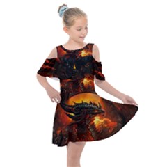 Dragon Fire Fantasy Art Kids  Shoulder Cutout Chiffon Dress