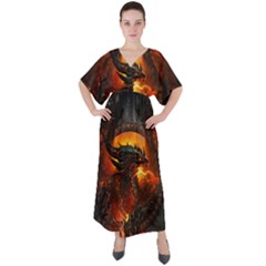 Dragon Fire Fantasy Art V-neck Boho Style Maxi Dress