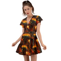 Dragon Fire Fantasy Art Flutter Sleeve Wrap Dress