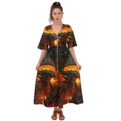 Dragon Fire Fantasy Art Kimono Sleeve Boho Dress