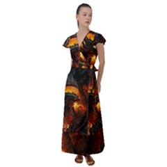 Dragon Fire Fantasy Art Flutter Sleeve Maxi Dress