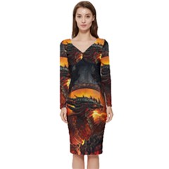 Dragon Fire Fantasy Art Long Sleeve V-neck Bodycon Dress 