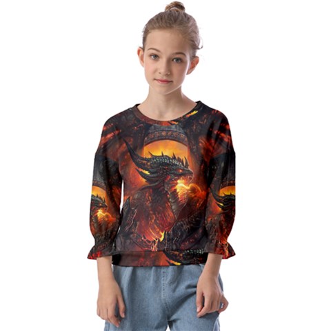 Dragon Fire Fantasy Art Kids  Cuff Sleeve Top by Maspions