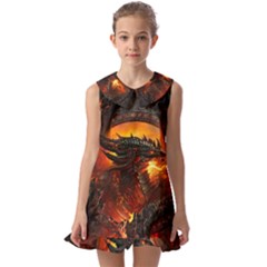 Dragon Fire Fantasy Art Kids  Pilgrim Collar Ruffle Hem Dress