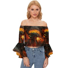 Dragon Fire Fantasy Art Off Shoulder Flutter Bell Sleeve Top