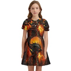 Dragon Fire Fantasy Art Kids  Bow Tie Puff Sleeve Dress