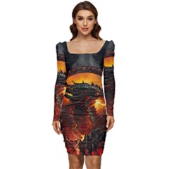 Dragon Fire Fantasy Art Women Long Sleeve Ruched Stretch Jersey Dress