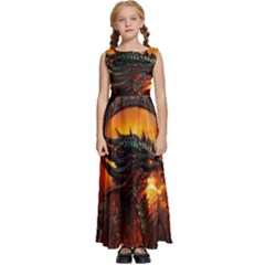 Dragon Fire Fantasy Art Kids  Satin Sleeveless Maxi Dress by Maspions