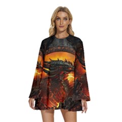 Dragon Fire Fantasy Art Round Neck Long Sleeve Bohemian Style Chiffon Mini Dress