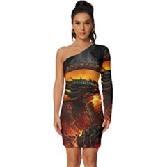 Dragon Fire Fantasy Art Long Sleeve One Shoulder Mini Dress