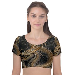 Fantasy Dragon Pentagram Velvet Short Sleeve Crop Top  by Maspions