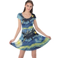 Spaceship Starry Night Van Gogh Painting Cap Sleeve Dress