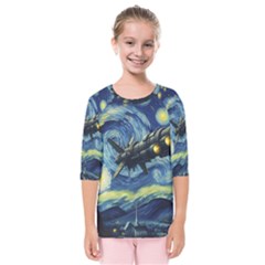 Spaceship Starry Night Van Gogh Painting Kids  Quarter Sleeve Raglan T-shirt