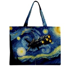 Spaceship Starry Night Van Gogh Painting Zipper Mini Tote Bag