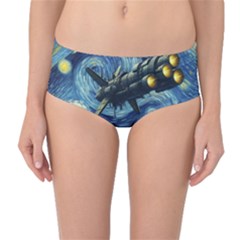 Spaceship Starry Night Van Gogh Painting Mid-waist Bikini Bottoms