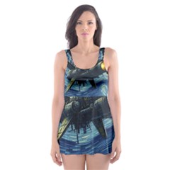 Spaceship Starry Night Van Gogh Painting Skater Dress Swimsuit