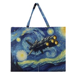 Spaceship Starry Night Van Gogh Painting Zipper Large Tote Bag by Maspions