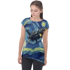 Spaceship Starry Night Van Gogh Painting Cap Sleeve High Low Top