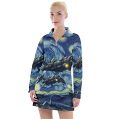 Spaceship Starry Night Van Gogh Painting Women s Long Sleeve Casual Dress