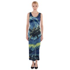 Spaceship Starry Night Van Gogh Painting Fitted Maxi Dress