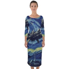 Spaceship Starry Night Van Gogh Painting Quarter Sleeve Midi Bodycon Dress by Maspions