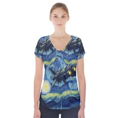 Spaceship Starry Night Van Gogh Painting Short Sleeve Front Detail Top by Maspions