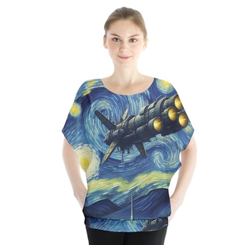 Spaceship Starry Night Van Gogh Painting Batwing Chiffon Blouse by Maspions