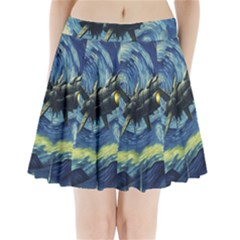 Spaceship Starry Night Van Gogh Painting Pleated Mini Skirt