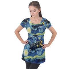 Spaceship Starry Night Van Gogh Painting Puff Sleeve Tunic Top