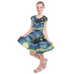 Spaceship Starry Night Van Gogh Painting Kids  Short Sleeve Dress