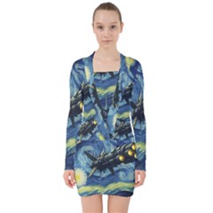 Spaceship Starry Night Van Gogh Painting V-neck Bodycon Long Sleeve Dress