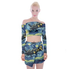 Spaceship Starry Night Van Gogh Painting Off Shoulder Top With Mini Skirt Set