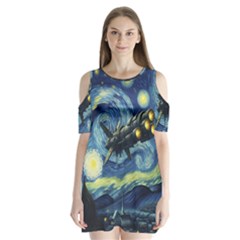 Spaceship Starry Night Van Gogh Painting Shoulder Cutout Velvet One Piece