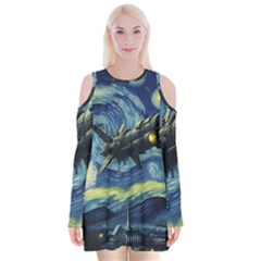 Spaceship Starry Night Van Gogh Painting Velvet Long Sleeve Shoulder Cutout Dress