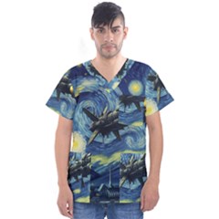 Spaceship Starry Night Van Gogh Painting Men s V-neck Scrub Top