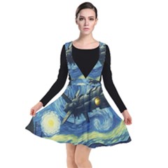 Spaceship Starry Night Van Gogh Painting Plunge Pinafore Dress