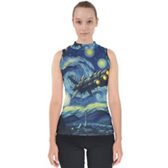 Spaceship Starry Night Van Gogh Painting Mock Neck Shell Top by Maspions