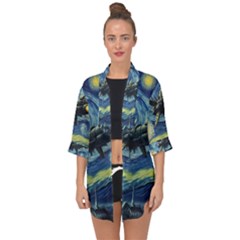 Spaceship Starry Night Van Gogh Painting Open Front Chiffon Kimono by Maspions